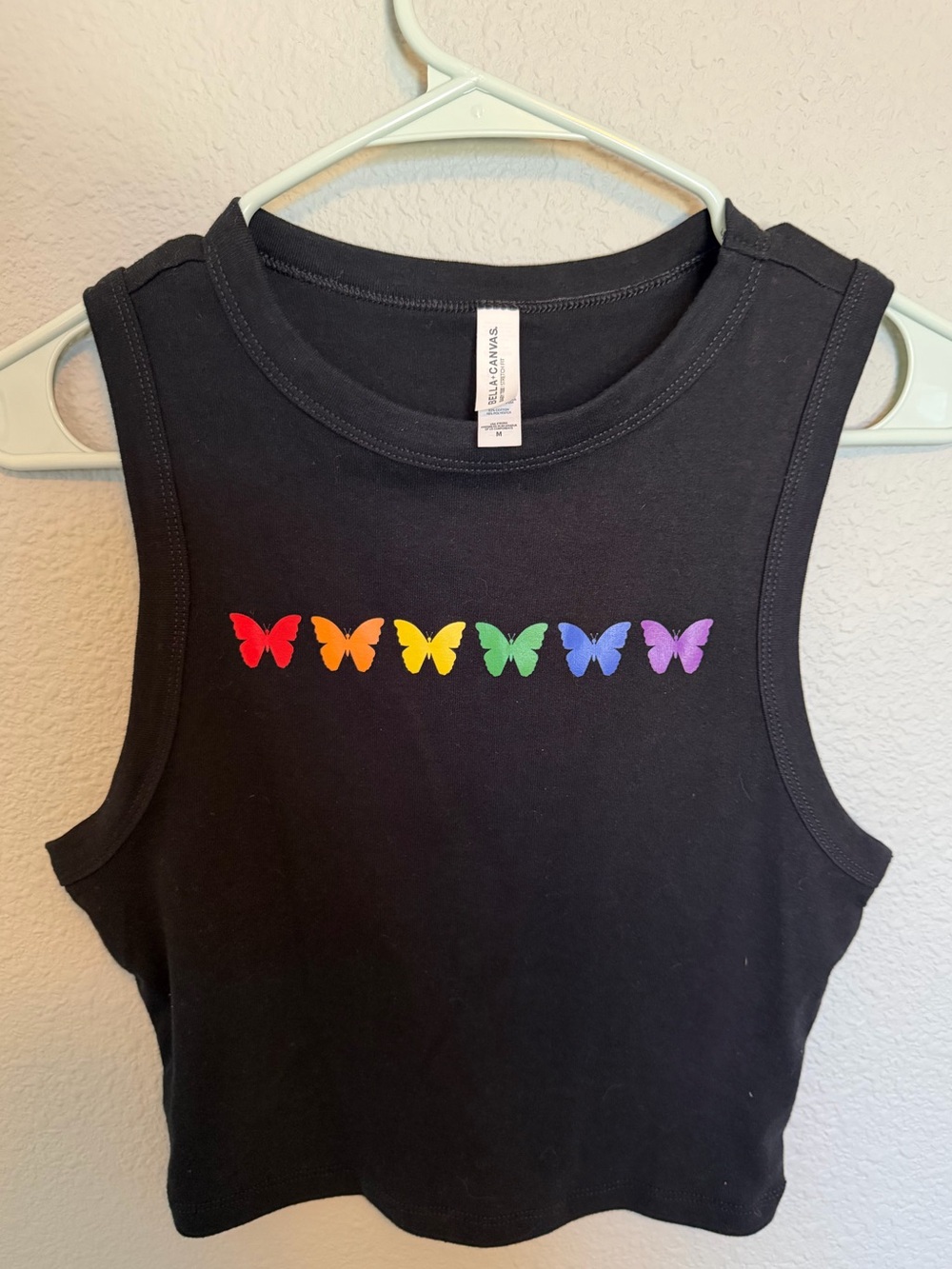 Bella Canvas Black Cropped Tank with Rainbow Butterfly Row